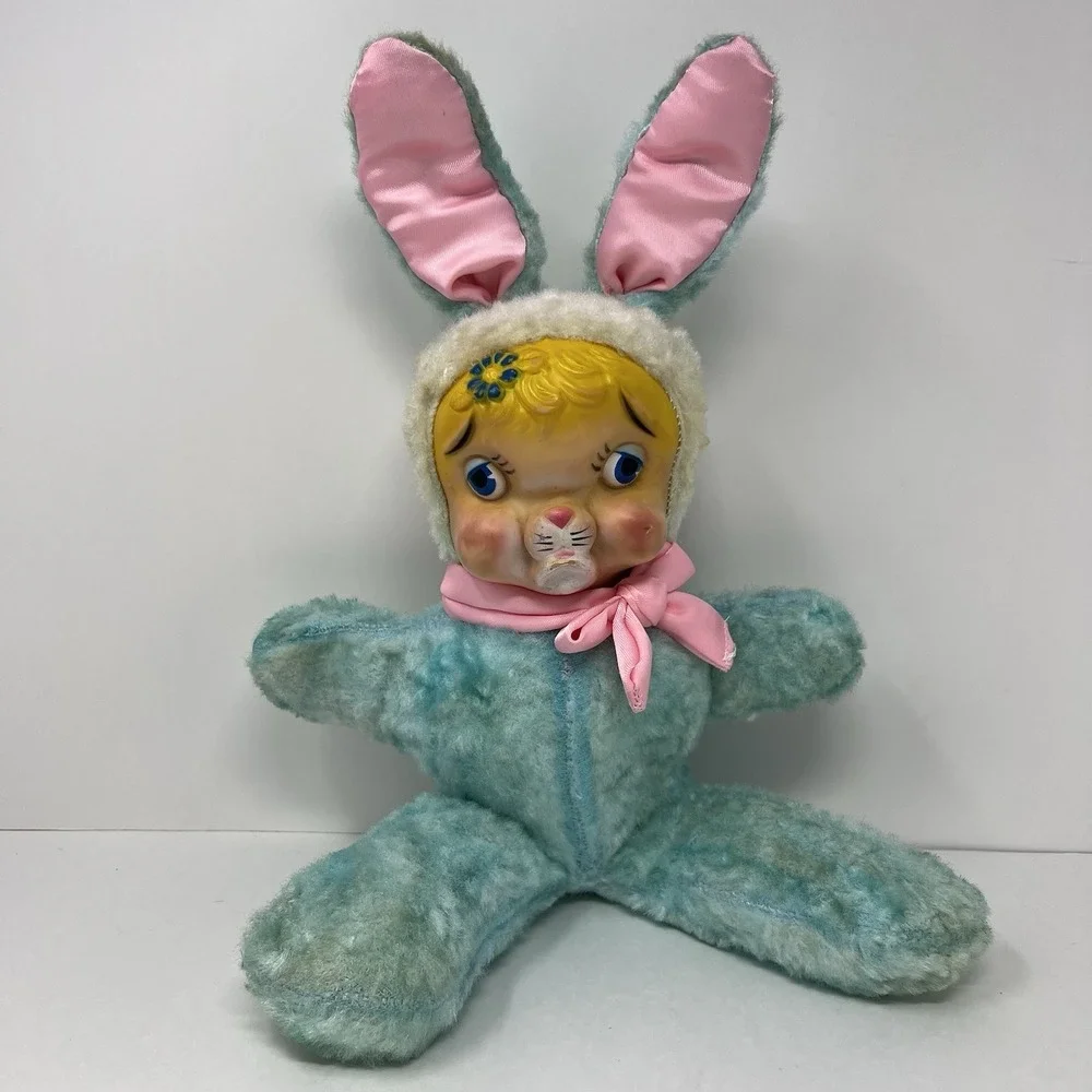 Rare Rushton Rubber Face Bunny Plush Doll 1950's Stuffed‎ Animal Toy Easter